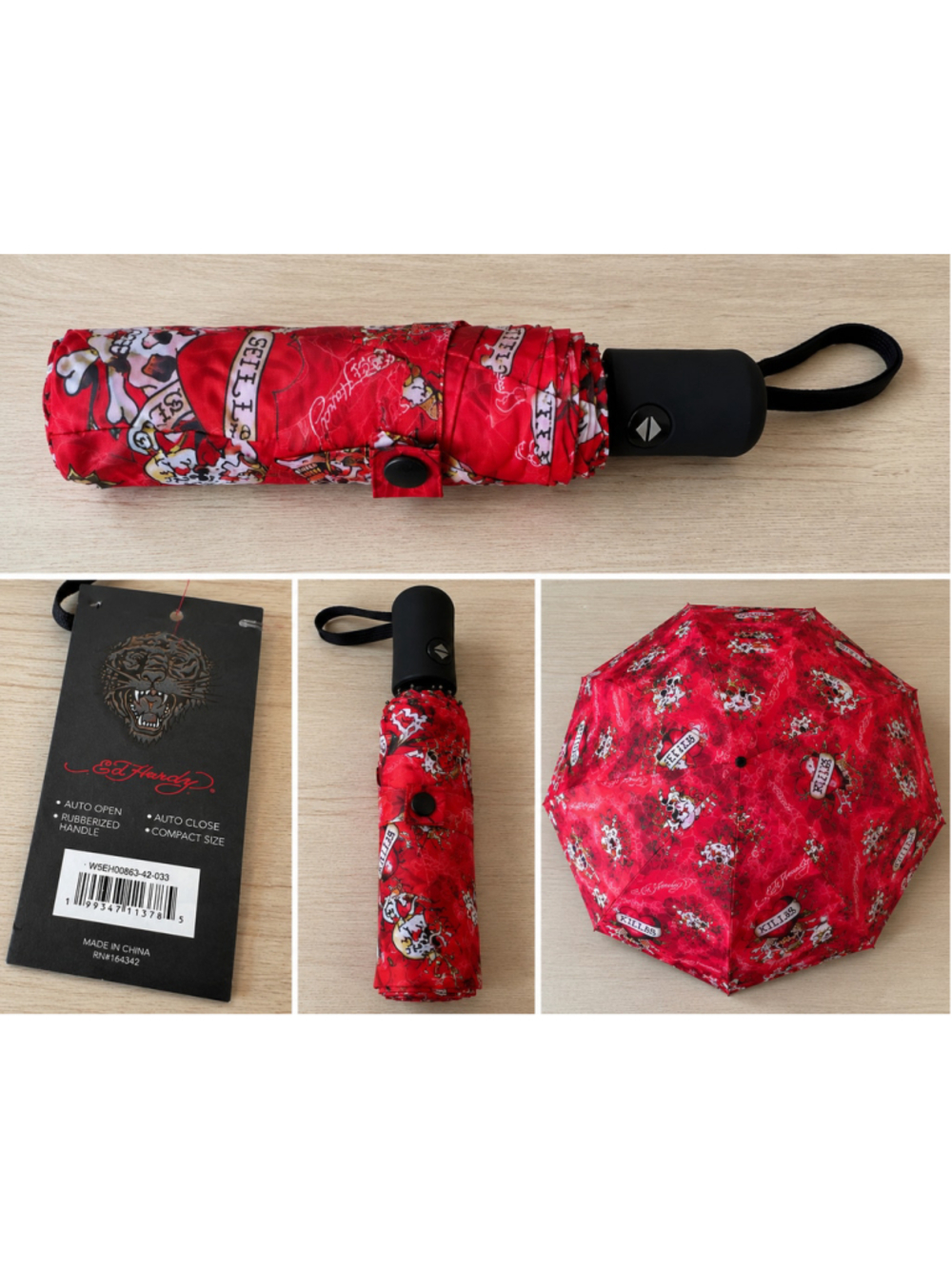 Ed Hardy Auto Open/Close Compact Folding Umbrella Red Skull Tattoo Print NWT